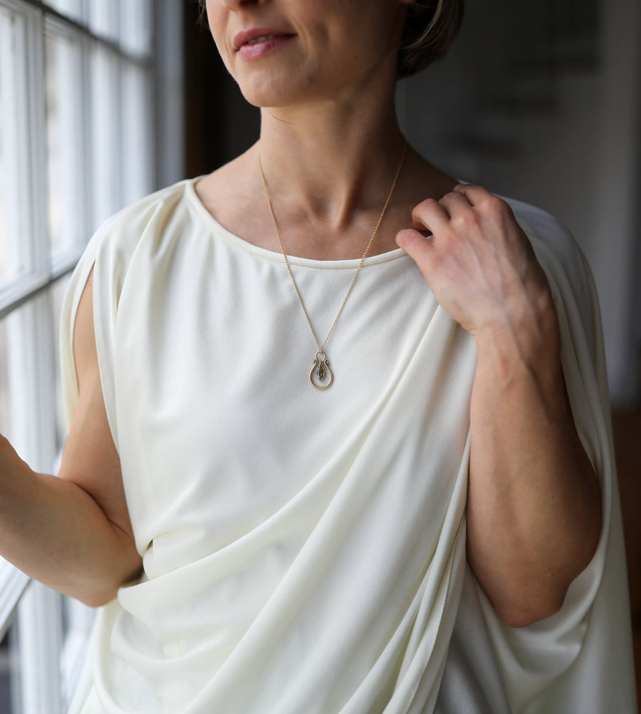 Medium Yellow-Gray Diamond Navette Pendant by Monika Krol on model