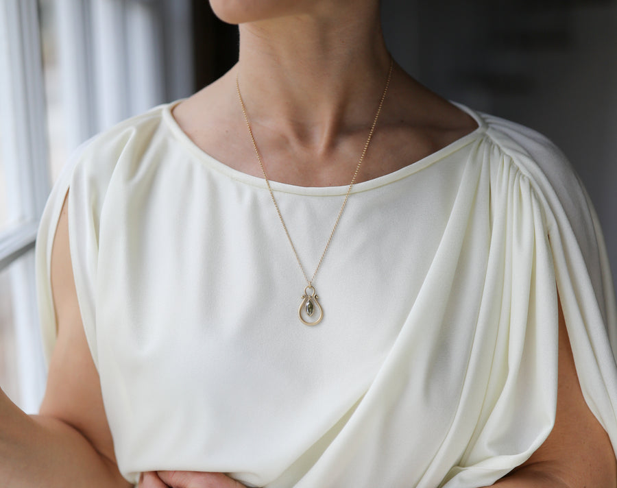Medium Yellow-Gray Diamond Navette Pendant by Monika Krol on model 1