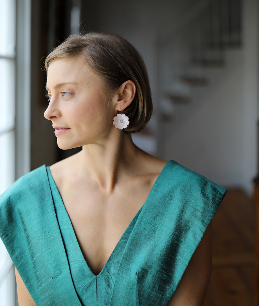 Large Mother of Pearl Flower Earrings with Light Tourmalines