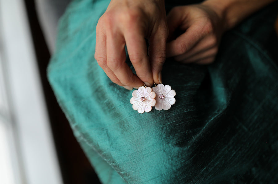 Large Mother of Pearl Flower Earrings with Light Tourmalines