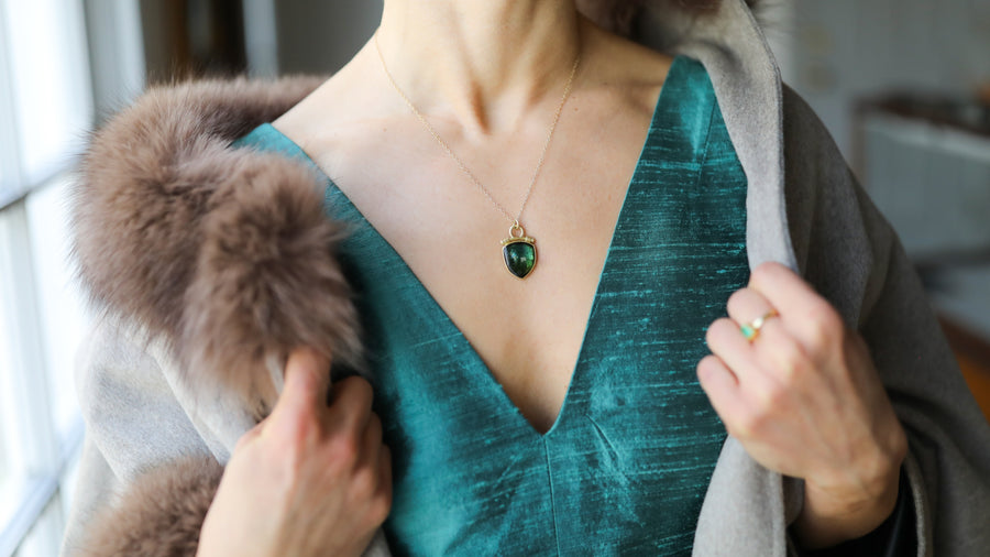 Green Tourmaline Cabochon Shield Pendant