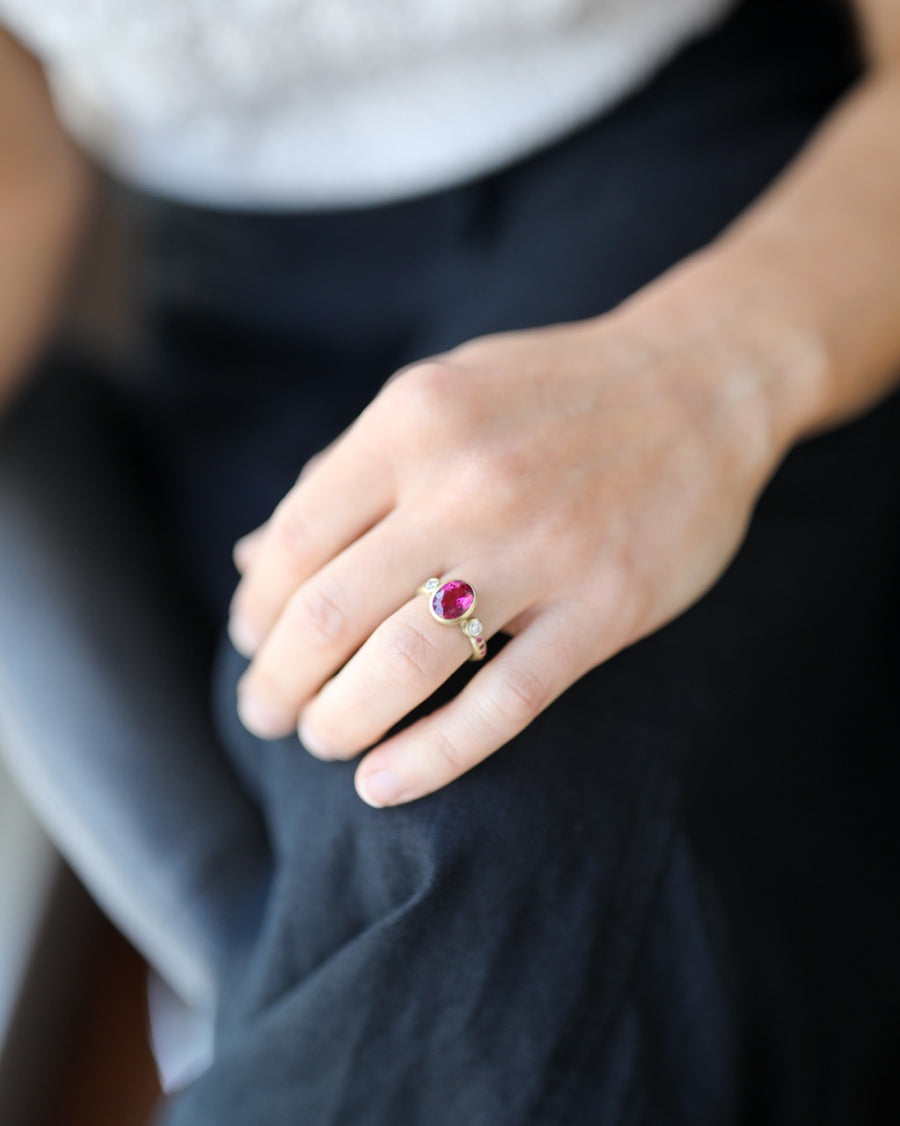 Three-Stone Ring with Rubellite, Diamonds, and Pink Sapphires