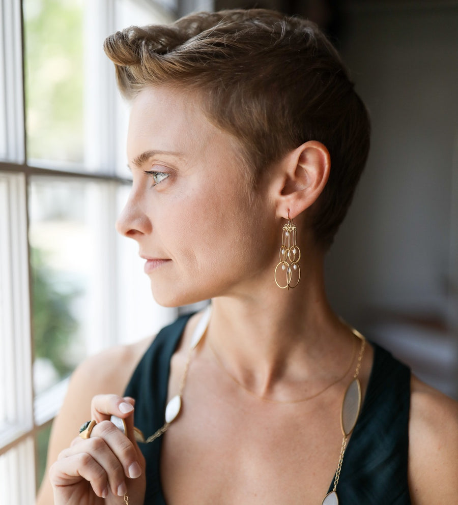 Long Layered Gold Earrings with Pearl Details