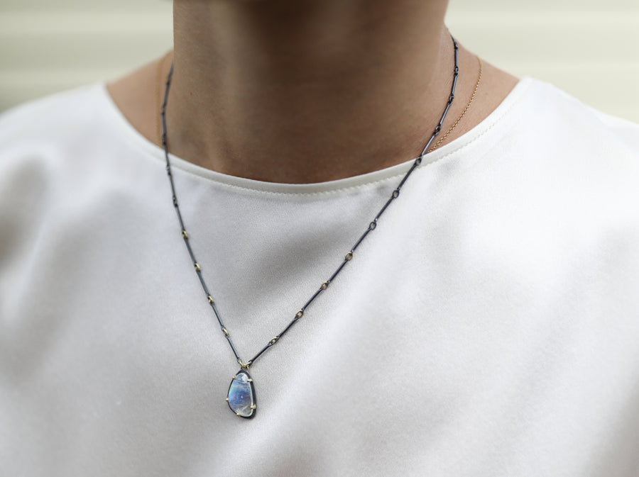 Prong Set Rainbow Moonstone Drop Necklace