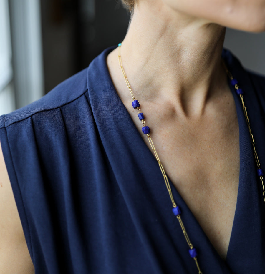 Velvet Blue Lapis & Turquoise Handmade Link Chain Necklace