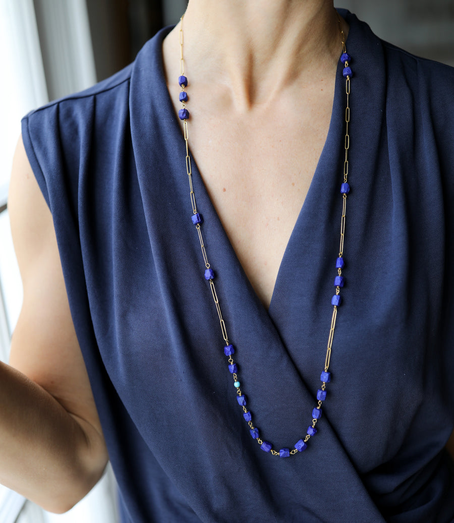 Velvet Blue Lapis & Turquoise Handmade Link Chain Necklace