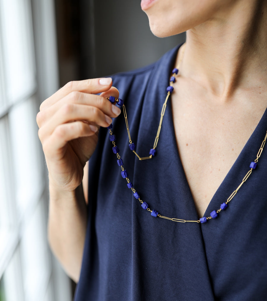 Velvet Blue Lapis & Turquoise Handmade Link Chain Necklace