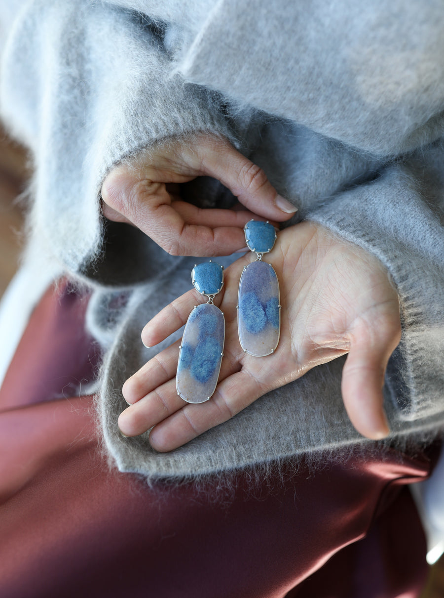 Large Lazulite Quartz Double Drop Post Earrings