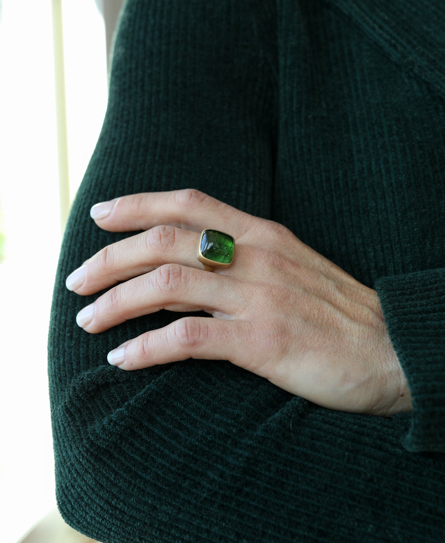 Square Forest Green Tourmaline Cabochon Cast Ring