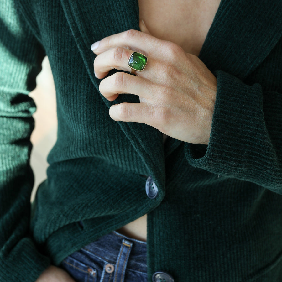 Square Forest Green Tourmaline Cabochon Cast Ring