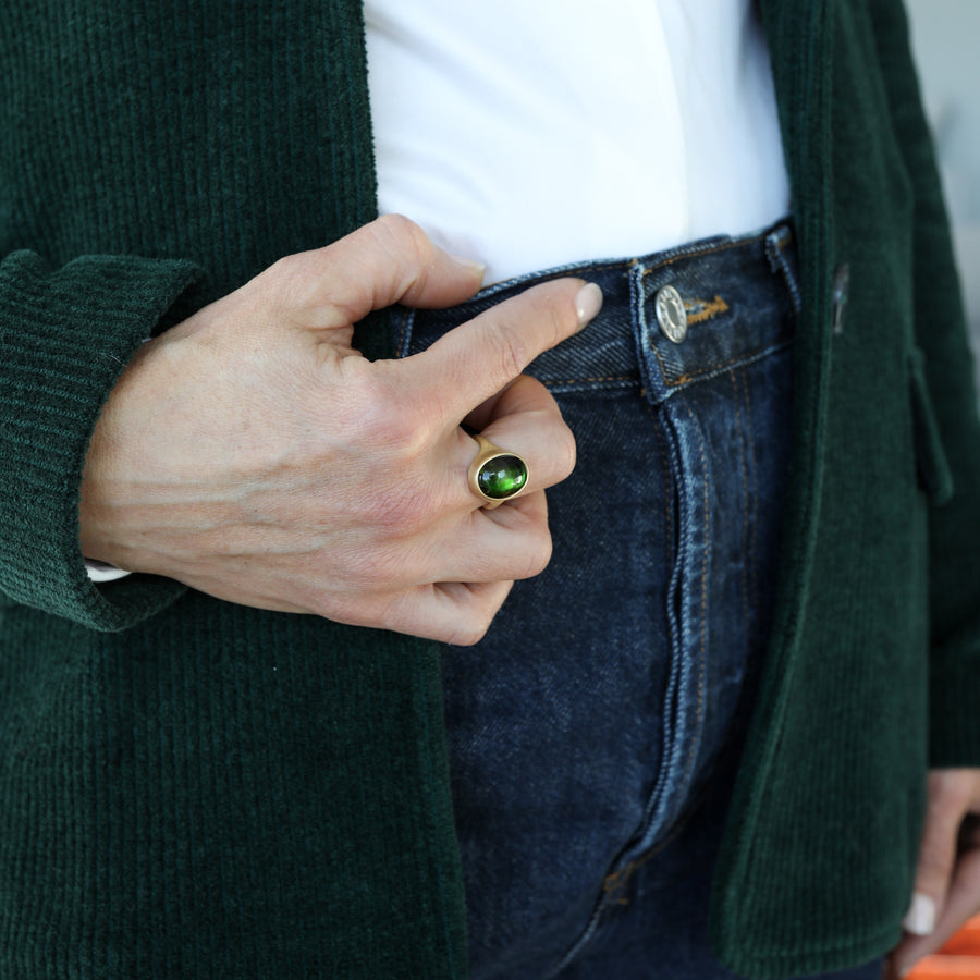 Oval Green Tourmaline Cabochon Cast Ring