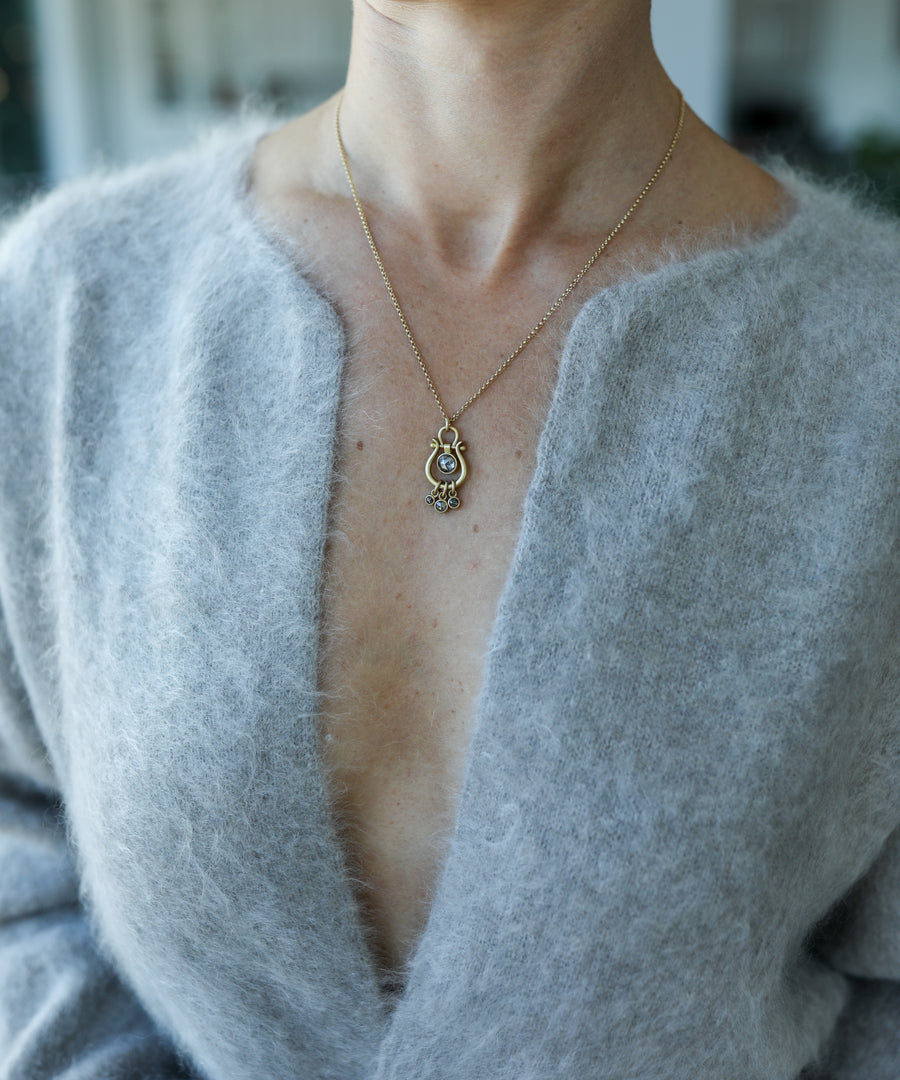 Gold Lyre Pendant with Salt & Pepper Diamonds