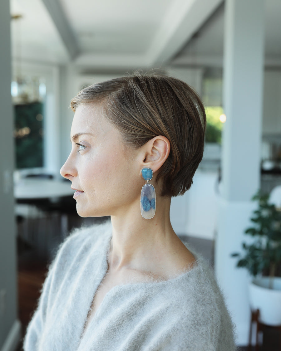 Large Lazulite Quartz Double Drop Post Earrings