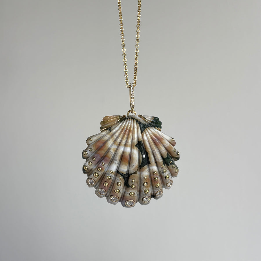 Shell pendant necklace on a gray background