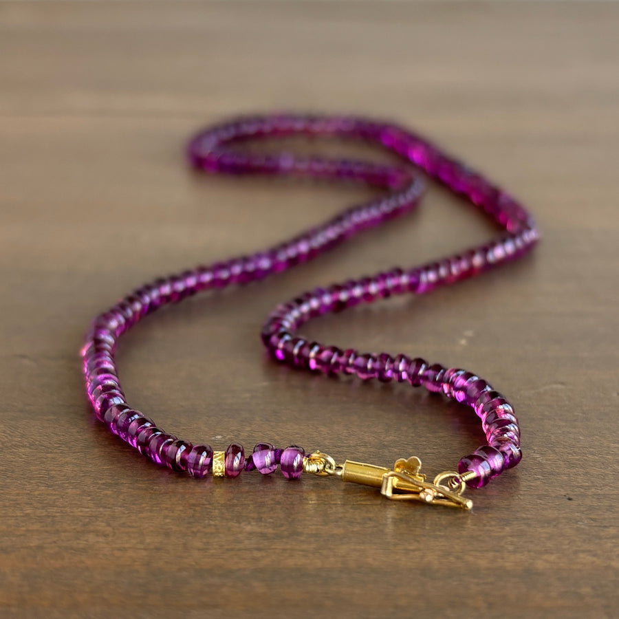 Mimi Favre Grape Garnet Beaded Necklace hanging view 3 clasp
