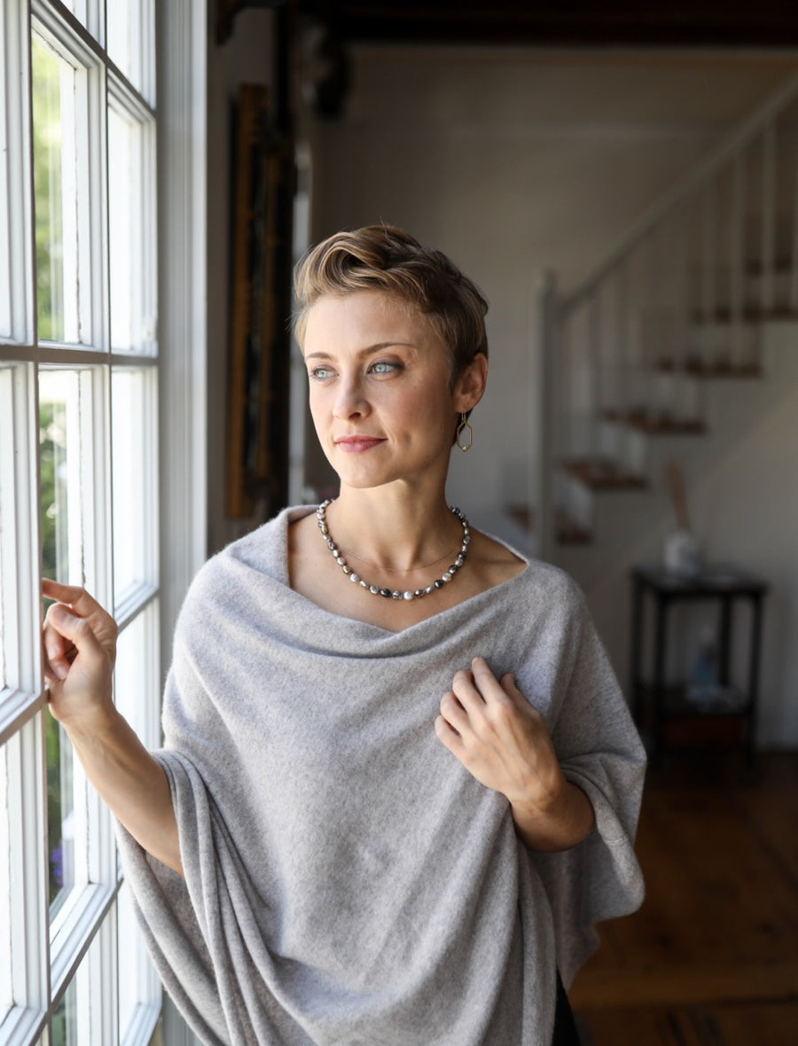 Mimi Favre Multicolor Tahitian Keshi Pearl Strand on model