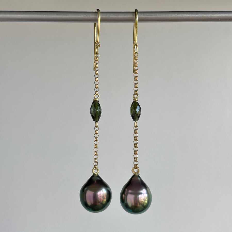 Mimi Favre Tahitian Pearl and Tourmaline Swing Earrings hanging view