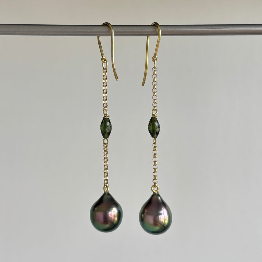 Mimi Favre Tahitian Pearl and Tourmaline Swing Earrings hanging view 2