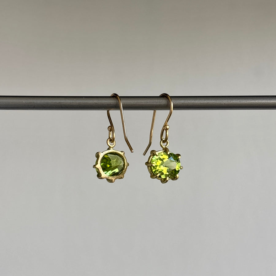 Mini 18k Gold & Oval Faceted Peridot Earrings hanging 2