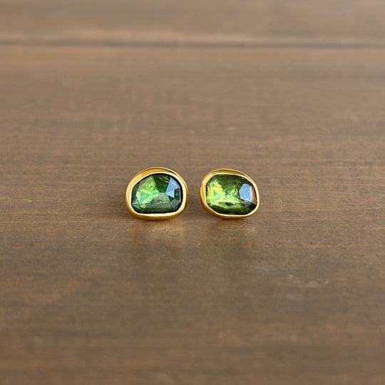 Mismatched Green Tourmaline Stud Earrings in Recycled 22k Gold & Sterling Silver