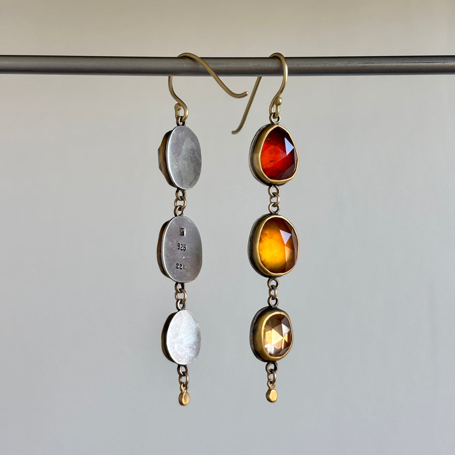 Ombré Zircon Triple Drop Earrings with 22k Gold & Sterling Silver hanging 2