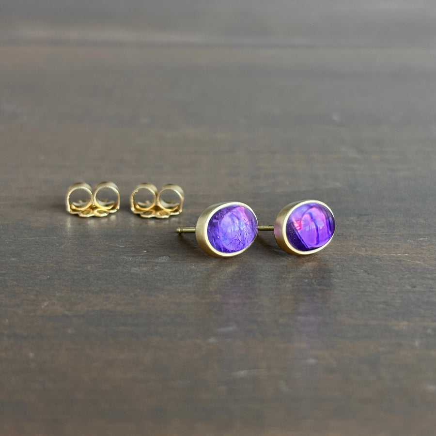 Oval Amethyst Cabochon Stud Earrings by Monika Krol side view