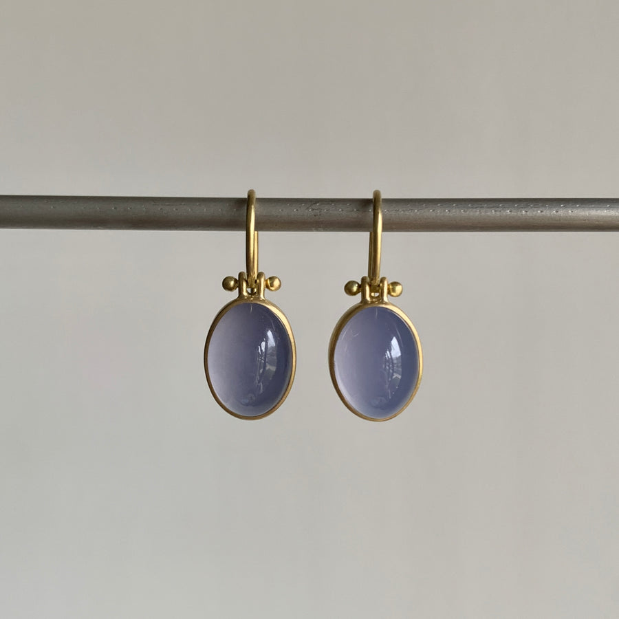Oval Blue Namibian Chalcedony Cabochon Earrings by Monika Krol hanging view