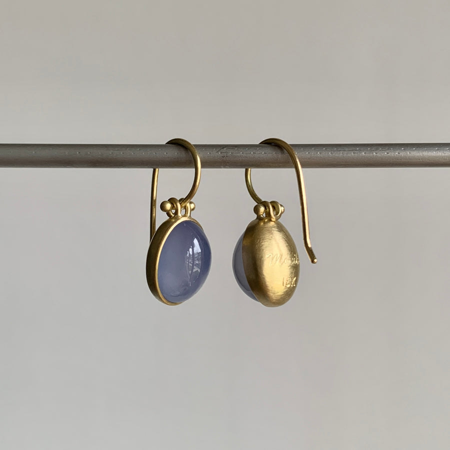 Oval Blue Namibian Chalcedony Cabochon Earrings by Monika Krol side view