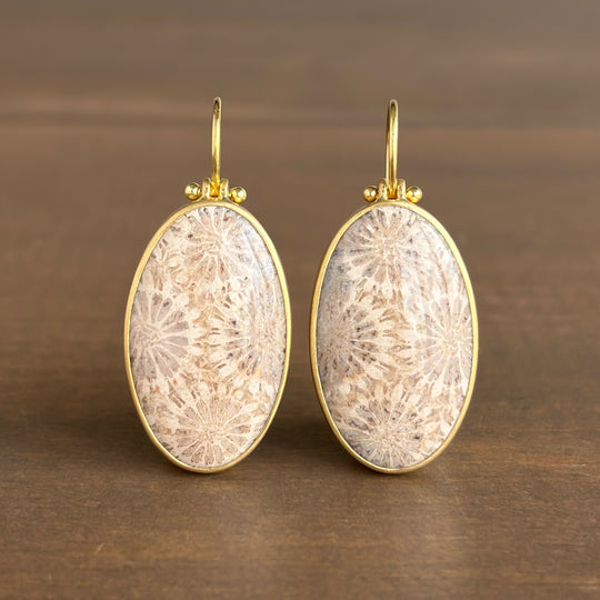 Oval Fossilized Coral Cabochon Earrings by Monika Krol