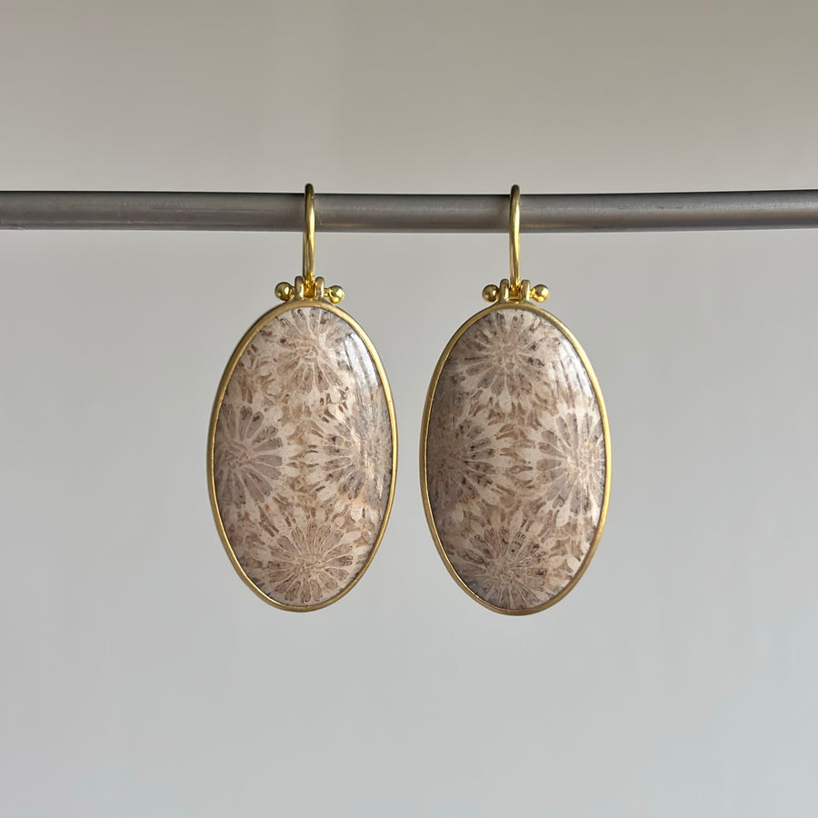 Oval Fossilized Coral Cabochon Earrings by Monika Krol hanging view