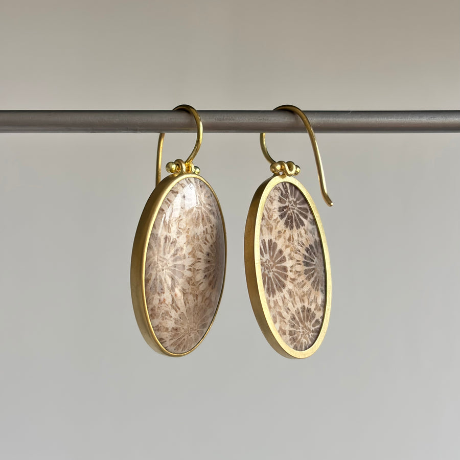 Oval Fossilized Coral Cabochon Earrings by Monika Krol side view