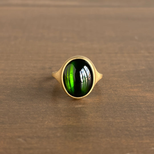 Oval Green Tourmaline Cabochon Cast Ring by Monika Krol