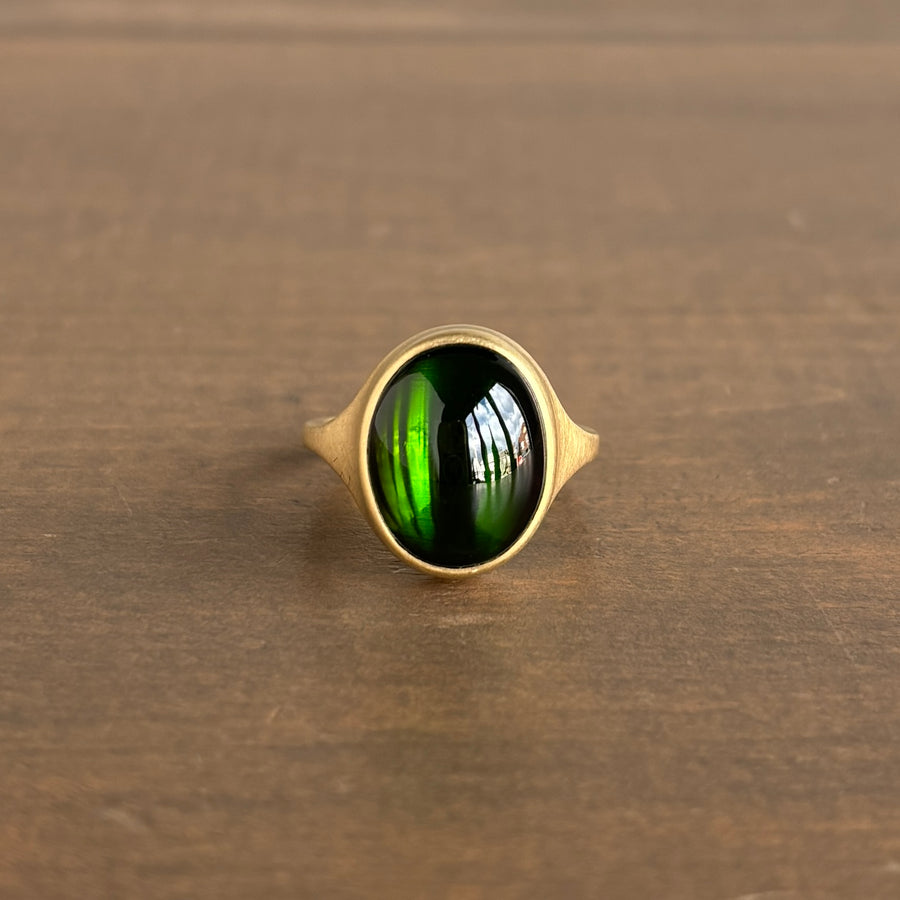Oval Green Tourmaline Cabochon Cast Ring by Monika Krol