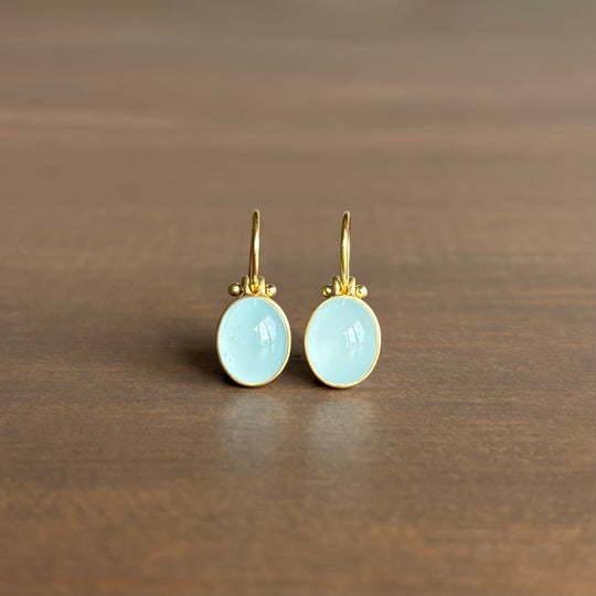 Oval Milky Aquamarine Cabochon Drop Earrings by Monika Krol
