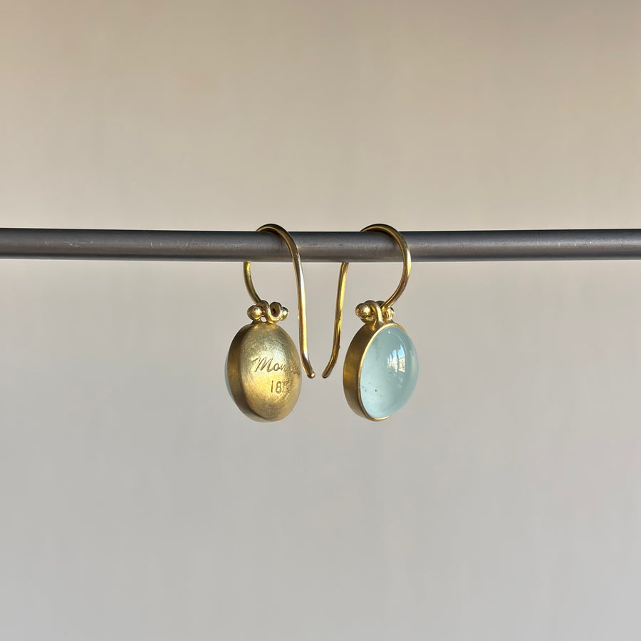 Oval Milky Aquamarine Cabochon Drop Earrings by Monika Krol side view