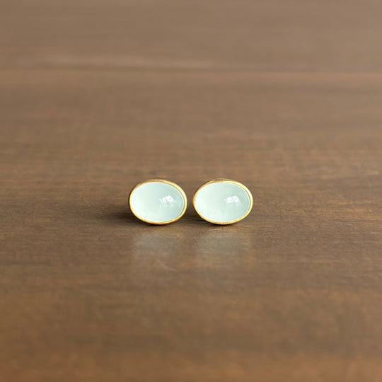 Oval Milky Aquamarine Cabochon Stud Earrings by Monika Krol