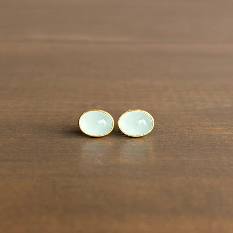 Oval Milky Aquamarine Cabochon Stud Earrings by Monika Krol