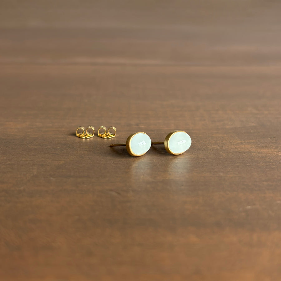 Oval Milky Aquamarine Cabochon Stud Earrings by Monika Krol side view