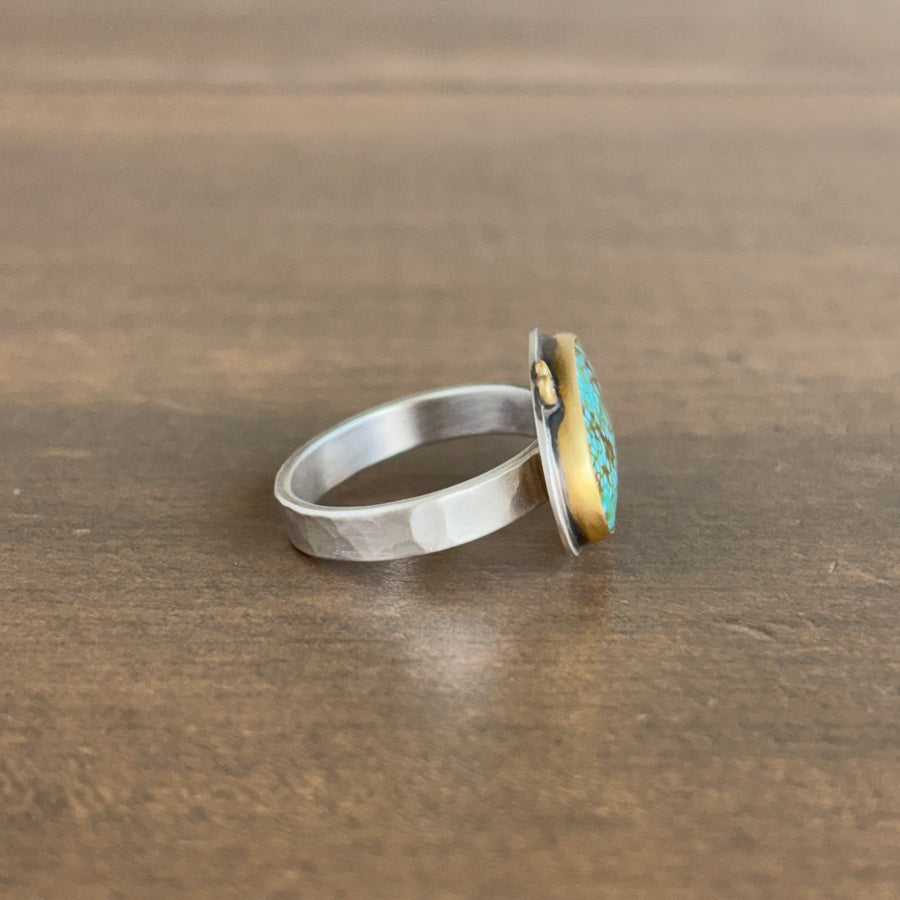 Oval Turquoise Ring with 22k Gold, Sterling Silver, & Diamonds side view