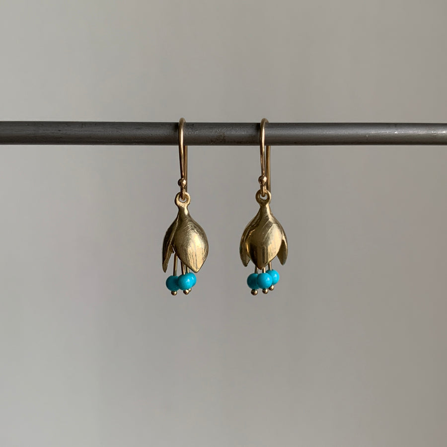 Petite 10k Gold & Turquoise Allium Bud Earrings hanging