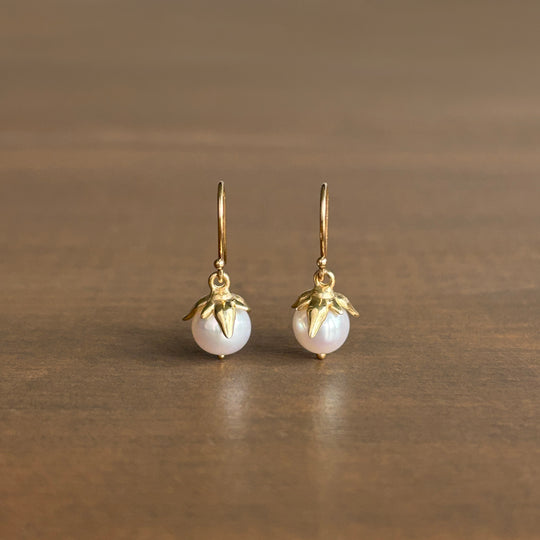 Pair of pearl earrings with gold tops on a brown background