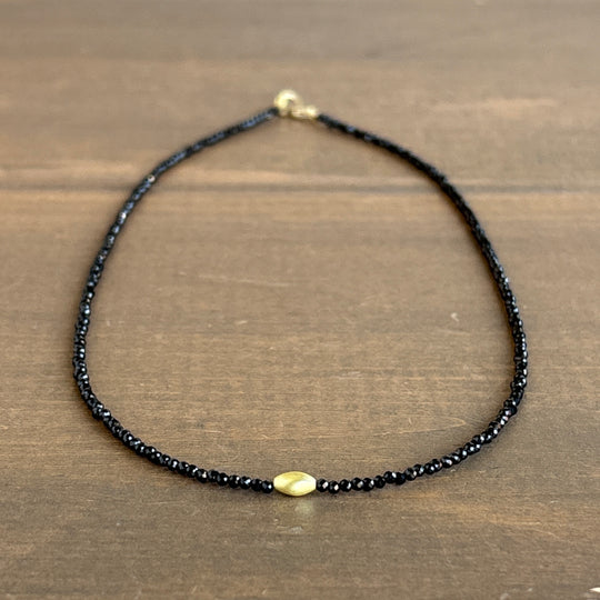 Petite Black Spinel Beaded Necklace with 20k Gold Rice Bead