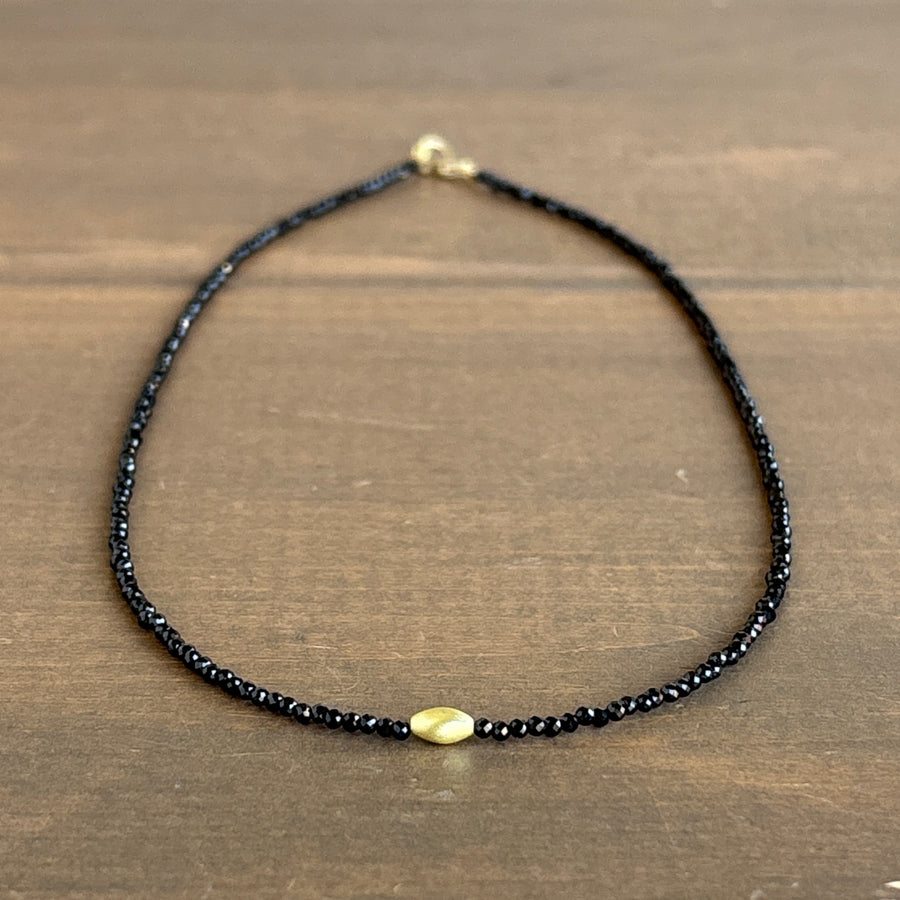 Petite Black Spinel Beaded Necklace with 20k Gold Rice Bead