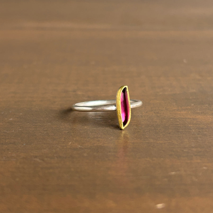 Petite Elongated Rhodolite Garnet Leaf Ring side view 1