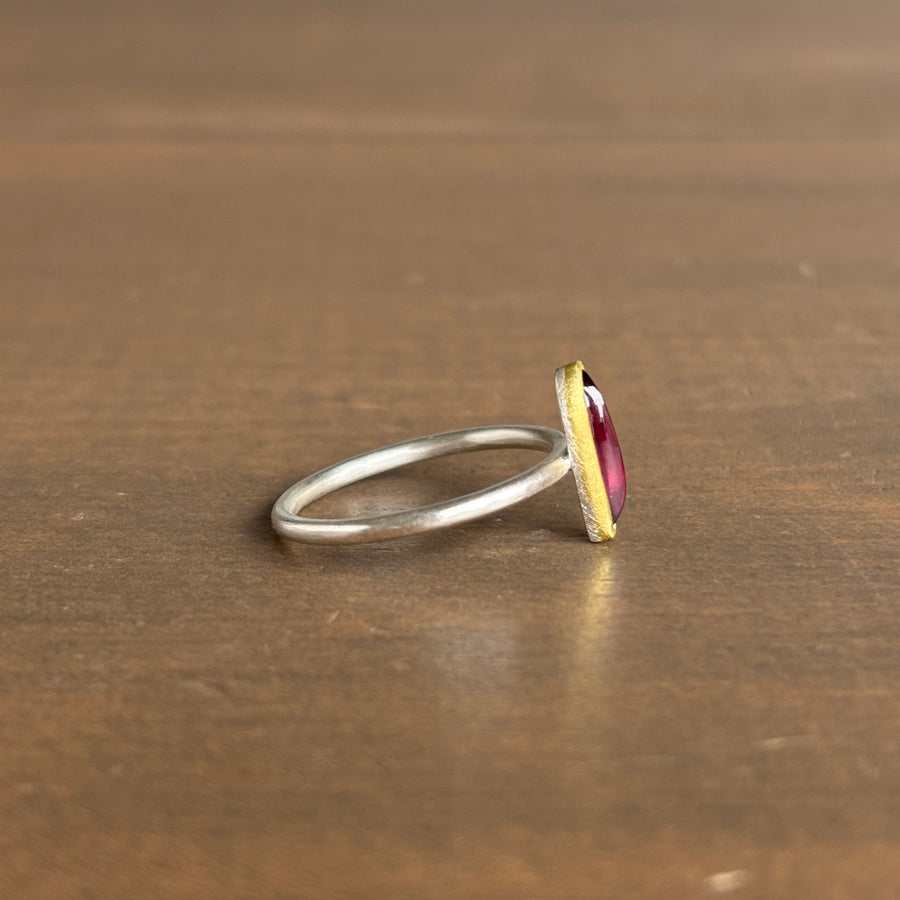 Petite Elongated Rhodolite Garnet Leaf Ring side view 2