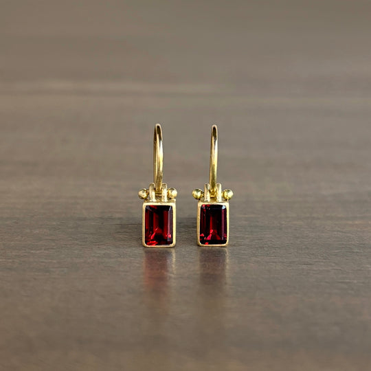 Petite Emerald Cut Garnet Earrings with Clasps by Monika Krol