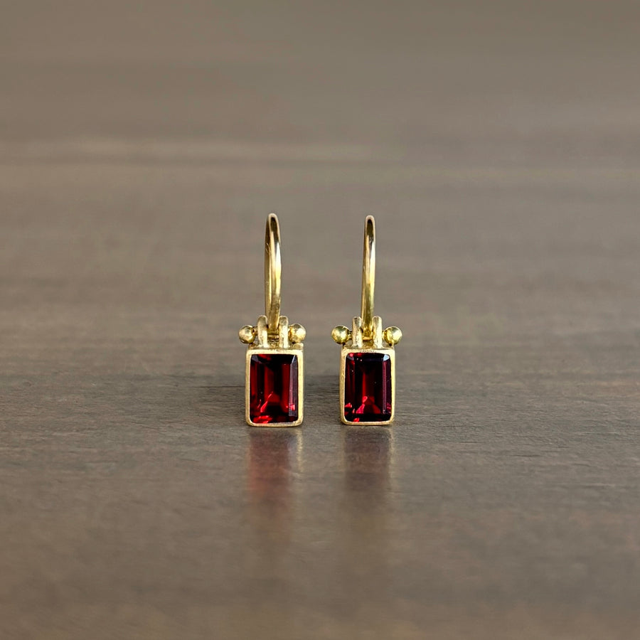 Petite Emerald Cut Garnet Earrings with Clasps by Monika Krol