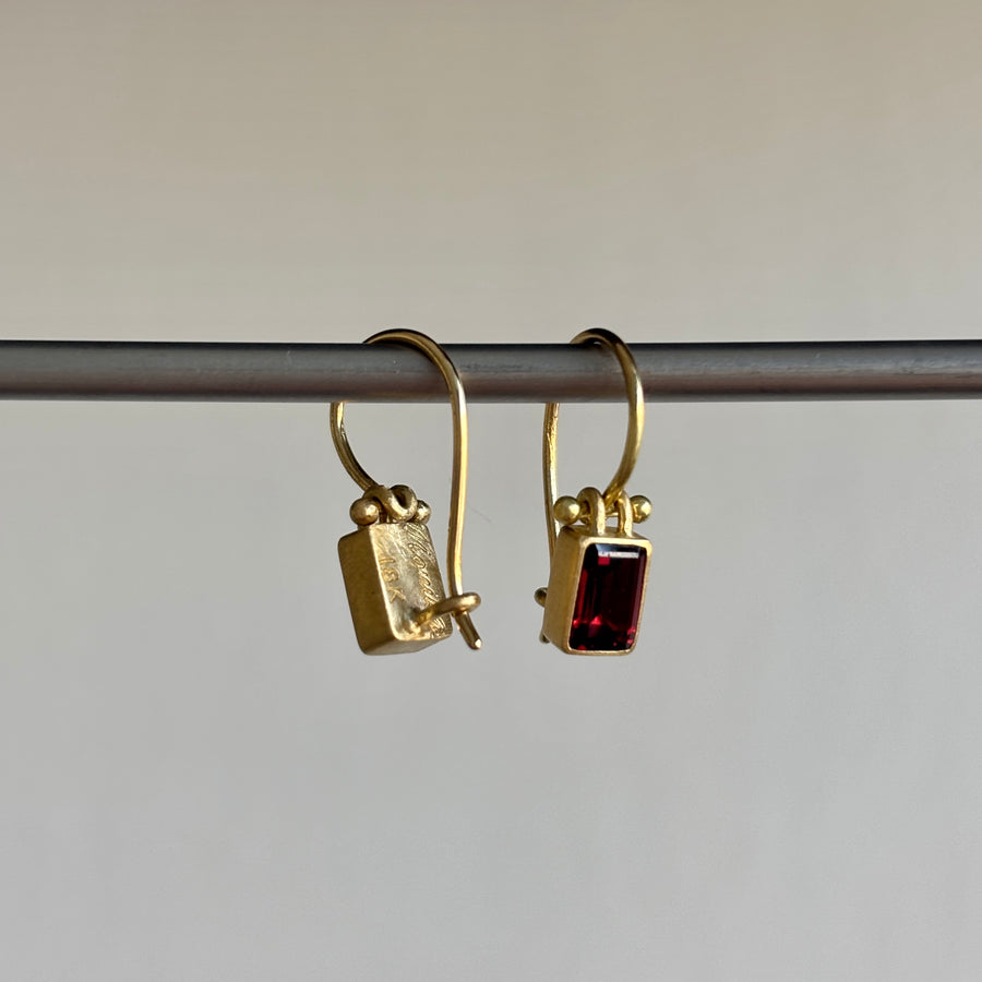 Petite Emerald Cut Garnet Earrings with Clasps by Monika Krol side view