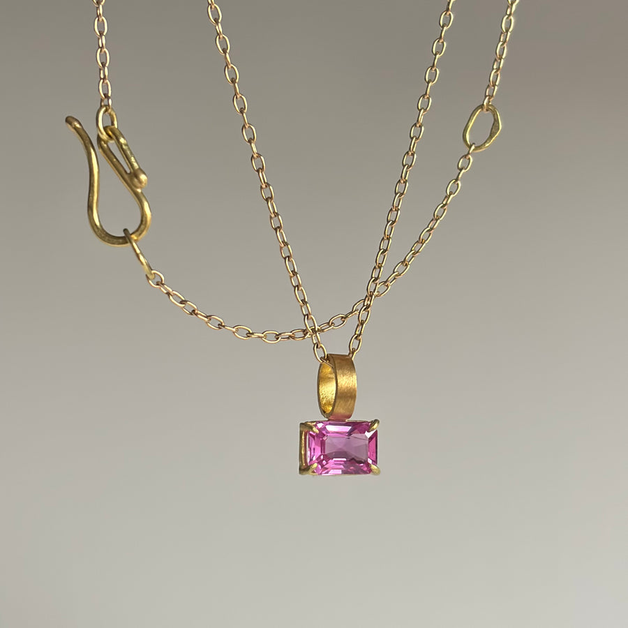 Petite Emerald Cut Pink Sapphire Pendant hanging view 1