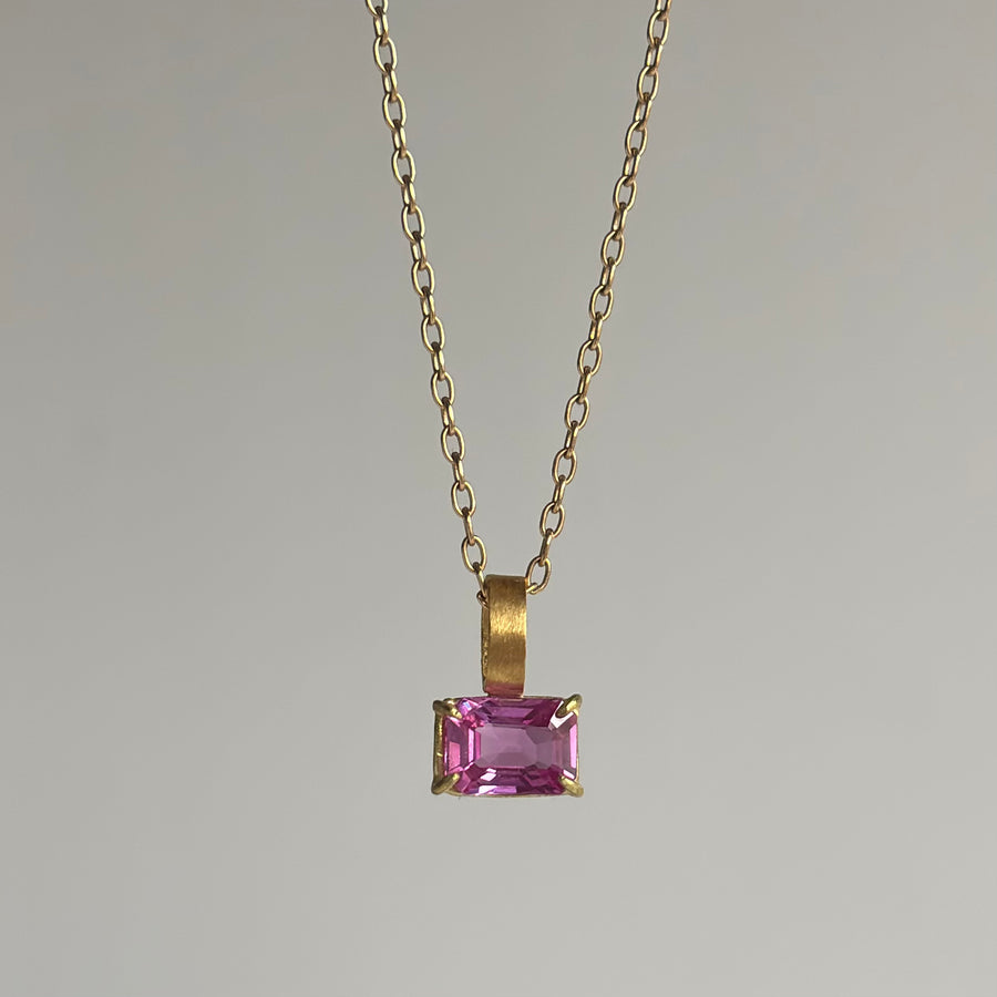  Petite Emerald Cut Pink Sapphire Pendant hanging view 2